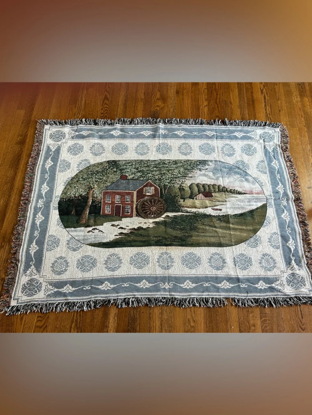 Vintage Woven Tapestry Throw Blanket Watermill Countryside Farmhouse 68x48
